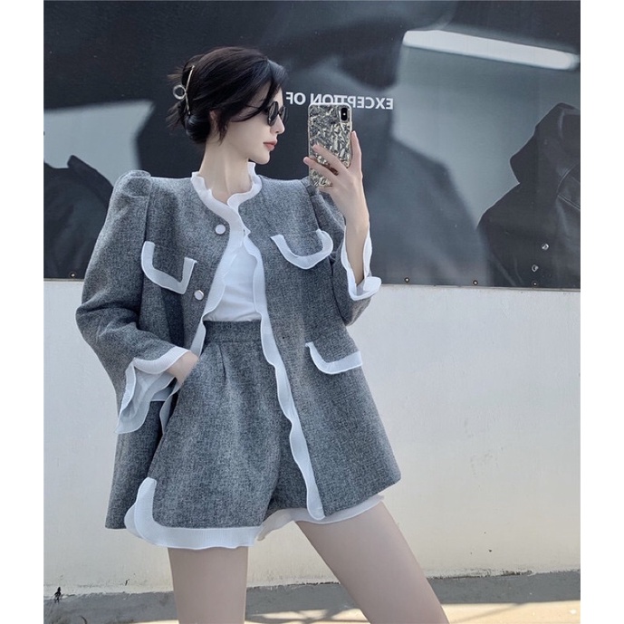 SET ÁO KHOÁC KÈM BELT VÀ QUẦN SHORT CẠP CAO VIỀN VOAN BÈO PHONG CÁCH PHƯƠNG TÂY