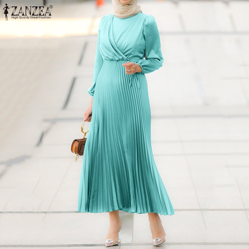 Zanzea Đầm Chữ A Tay Phồng Xếp Ly Thắt Dây Ruy Băng Kiểu Châu Âu Thanh Lịch Cho Nữ