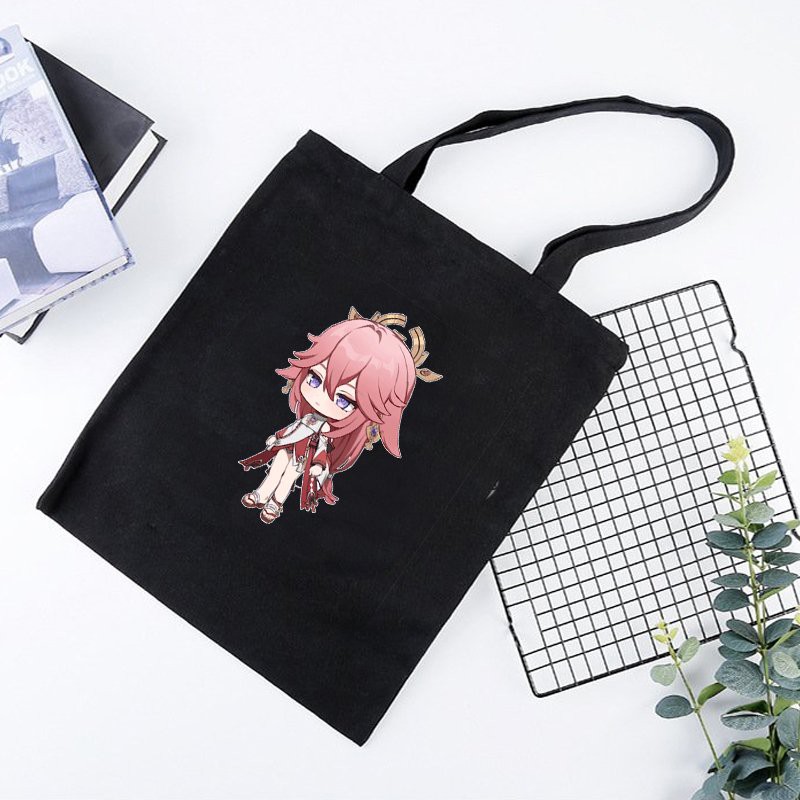 Túi tote vải đeo vai đen trắng in hình YAE MIKO game GENSHIN IMPACT anime chibi dễ thương cá tính