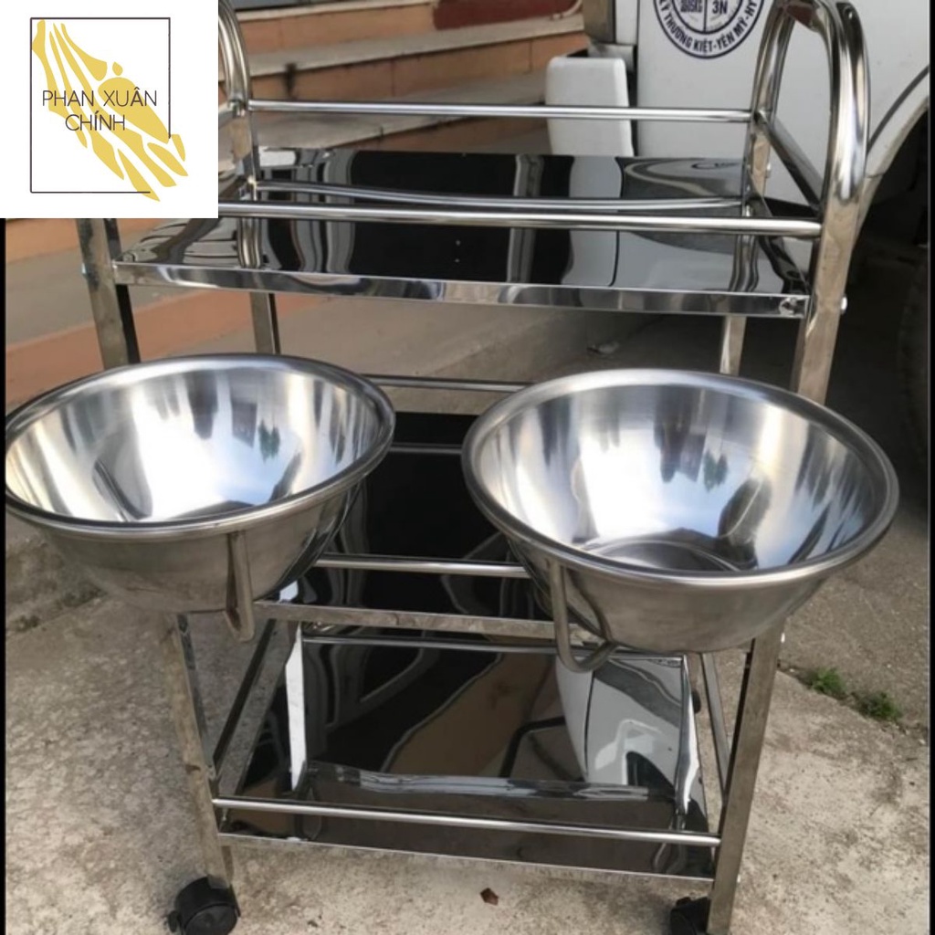 HN Xe đẩy Inox 3 tầng Kèm Bát Nước Cho Spa Thẩm mỹ Viện