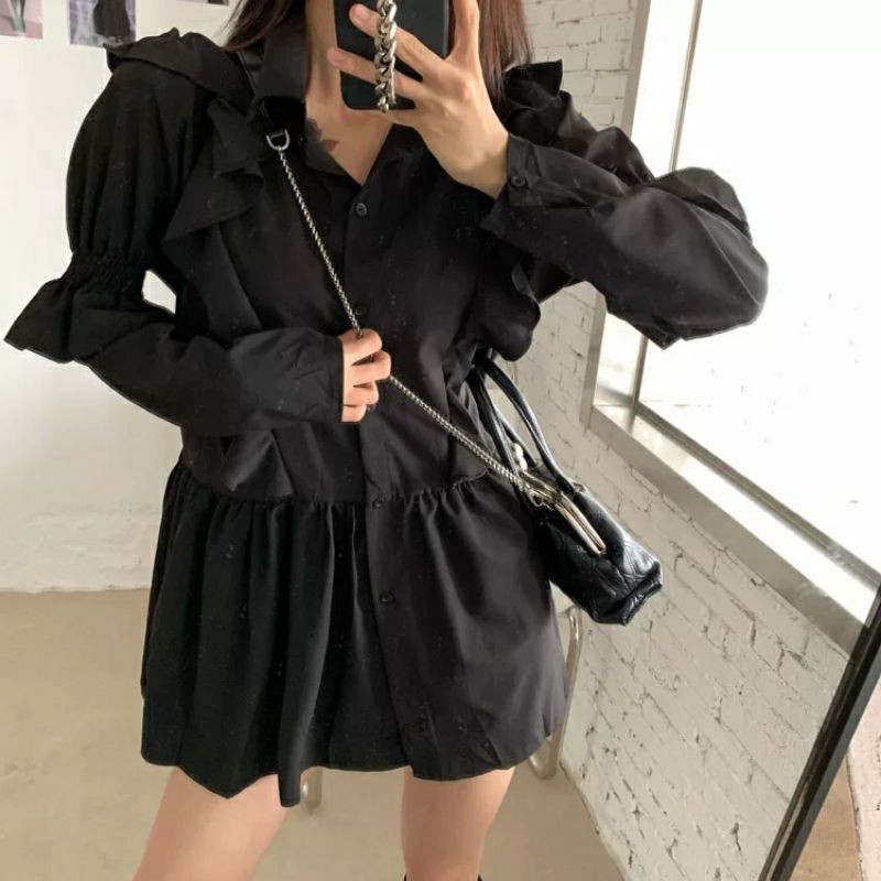 Váy sơ mi tiểu thư mix đai da