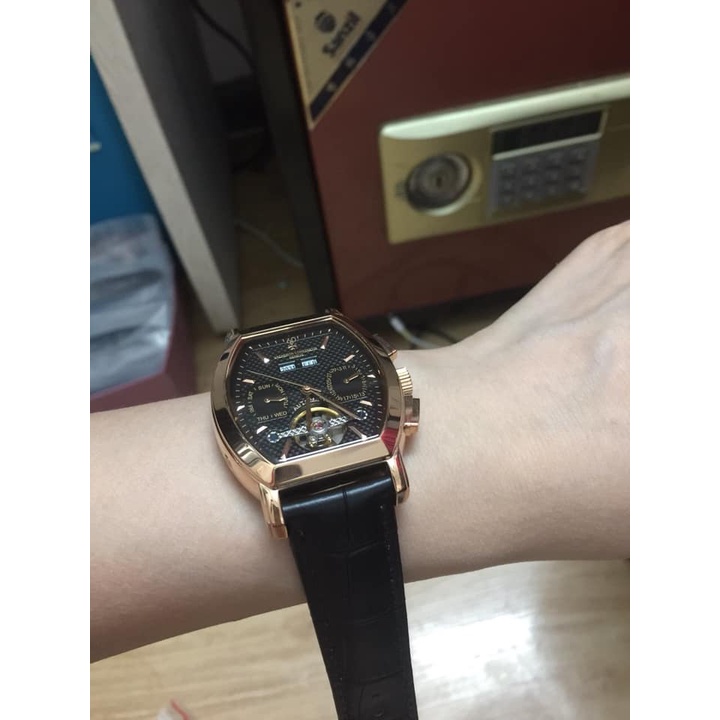 Đồng hồ Nam Vacheron constantin cơ bầu tự động 6kim trăng sao size 40-41 dây da vỏ vàng hồng mặt đen