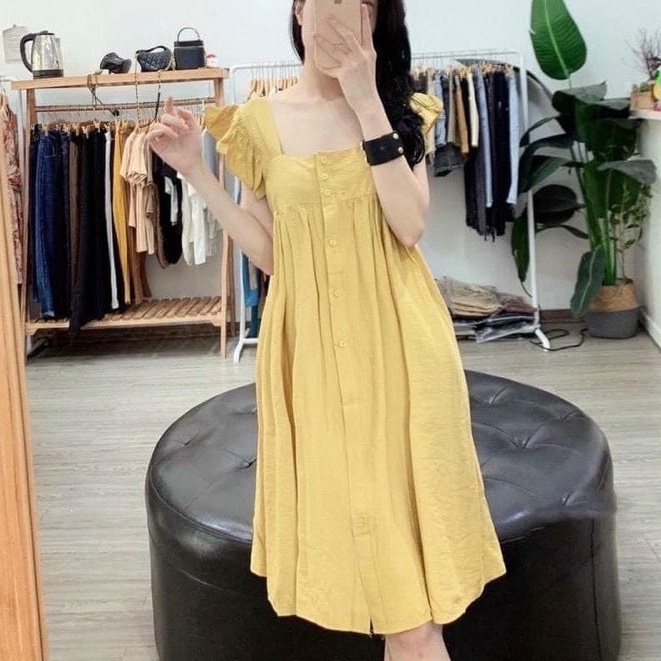 Váy đũi xước cánh tiên cúc ngực dáng xòe nhẹ bầu mặc được vanmiushop