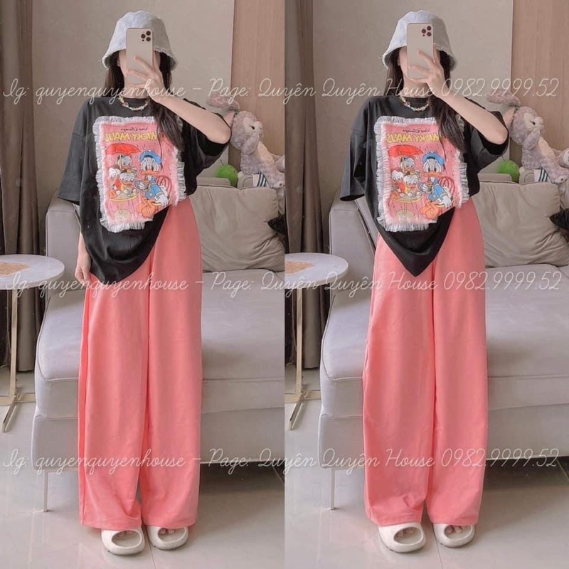 Set áo cotton micky phối lưới quần suông gân C11