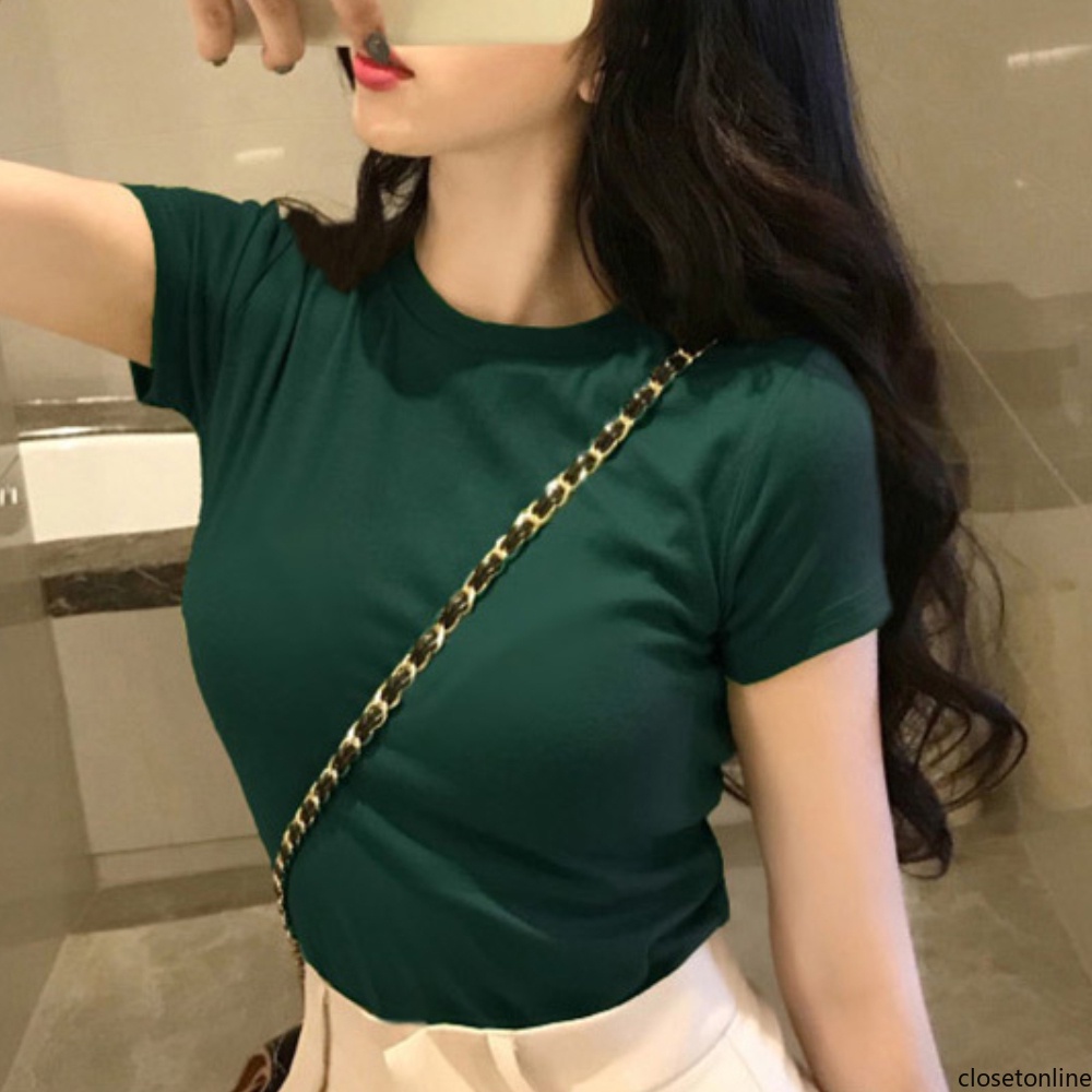 Áo thun ôm mỏng croptop tay ngắn cổ tròn màu trơn thời trang mùa hè cho nữ