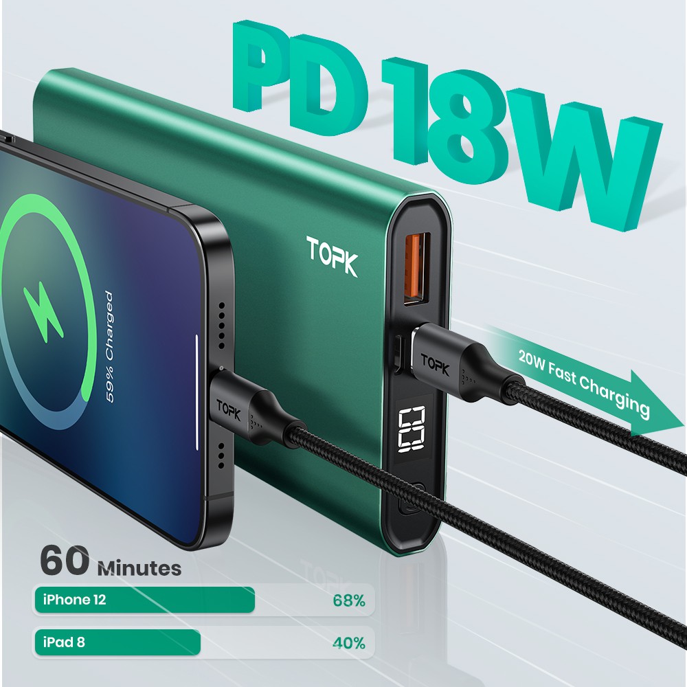 Pin Dự Phòng TOPK I1006P 18W QC3.0 10000mAh Sạc Nhanh Hiển Thị Điện Tử