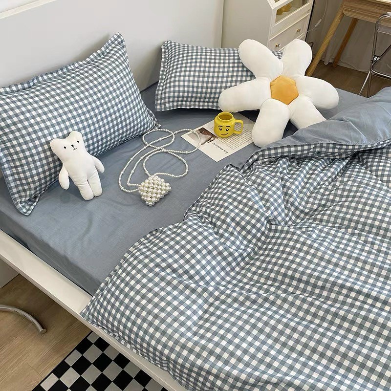 Bộ chăn ga gối cotton poly Lidaco decor phòng ngủ vintage - Kẻ ô xanh dương (SP001454)