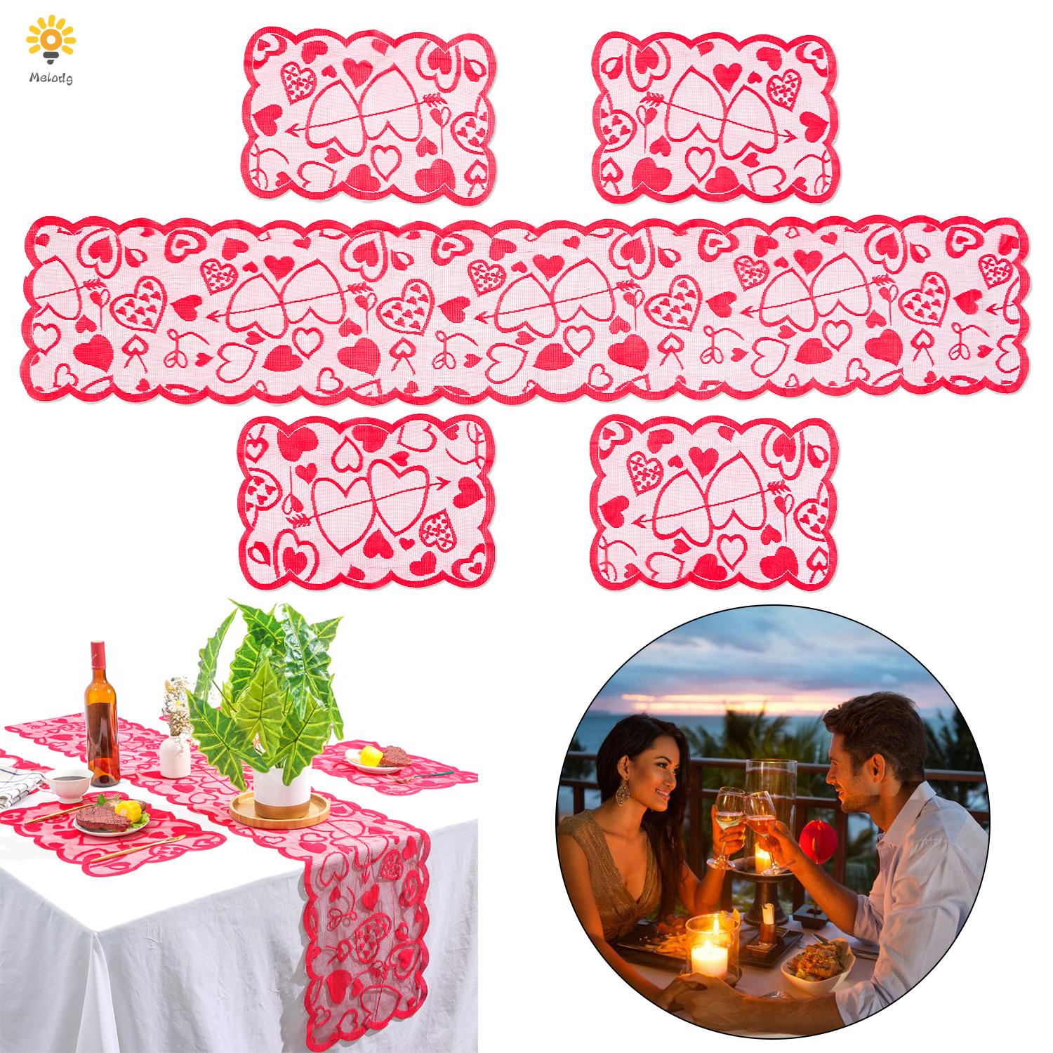 MELODG 5PCS Romantic Table Runner Party Valentines Day Table Placemats Heart Wedding Anniversary Rectangular Tablecloth Home Dinner Supplies Lace