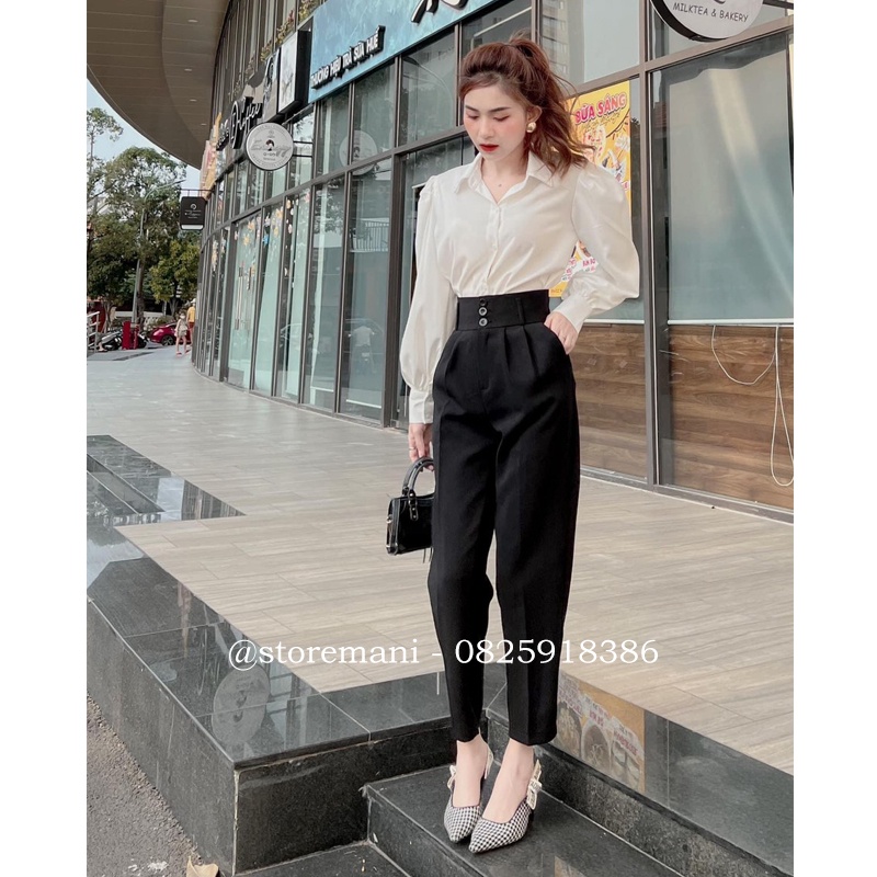 Quần Baggy cạp cao nữ phối 3 cúc bản to cực tôn dáng - chất tuyết mưa màu đen - kem mặc đi làm công sở học đều đẹp