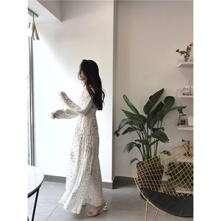 Đầm ulzzang maxi cổ V chấm bi chun eo - u.w