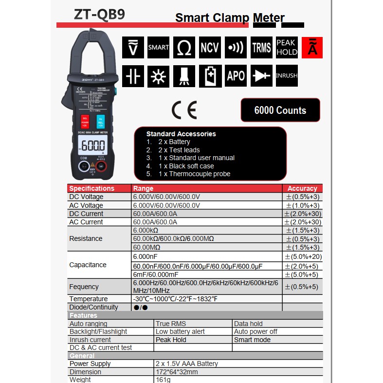 Đồng Hồ Ampe Kìm Zoyi ZT-QB9 Đo Điện AC/DC Vạn Năng  - Hàng Chính Hãng - Bảo Hành 12 Tháng