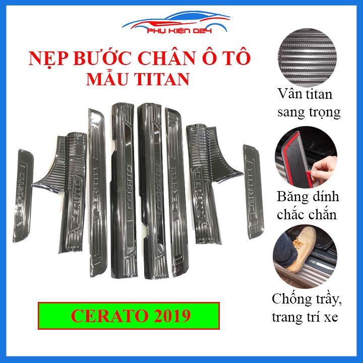 Bộ ốp bậc cửa trong ngoài nẹp bước chân Cerato 2019 vân Titan chống trầy trang trí xe