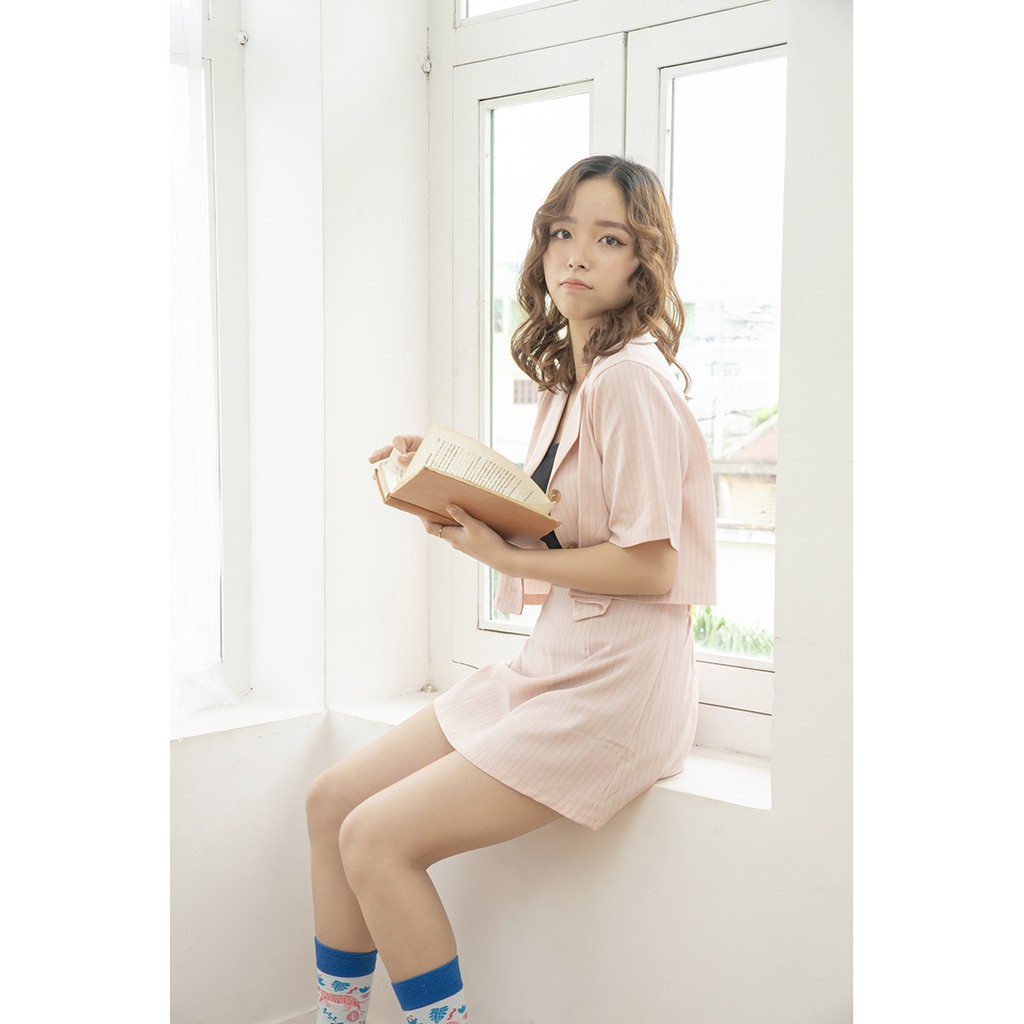 [SET] Áo vest croptop tay ngắn cùng váy, kẻ sọc dọc - Pinko Set