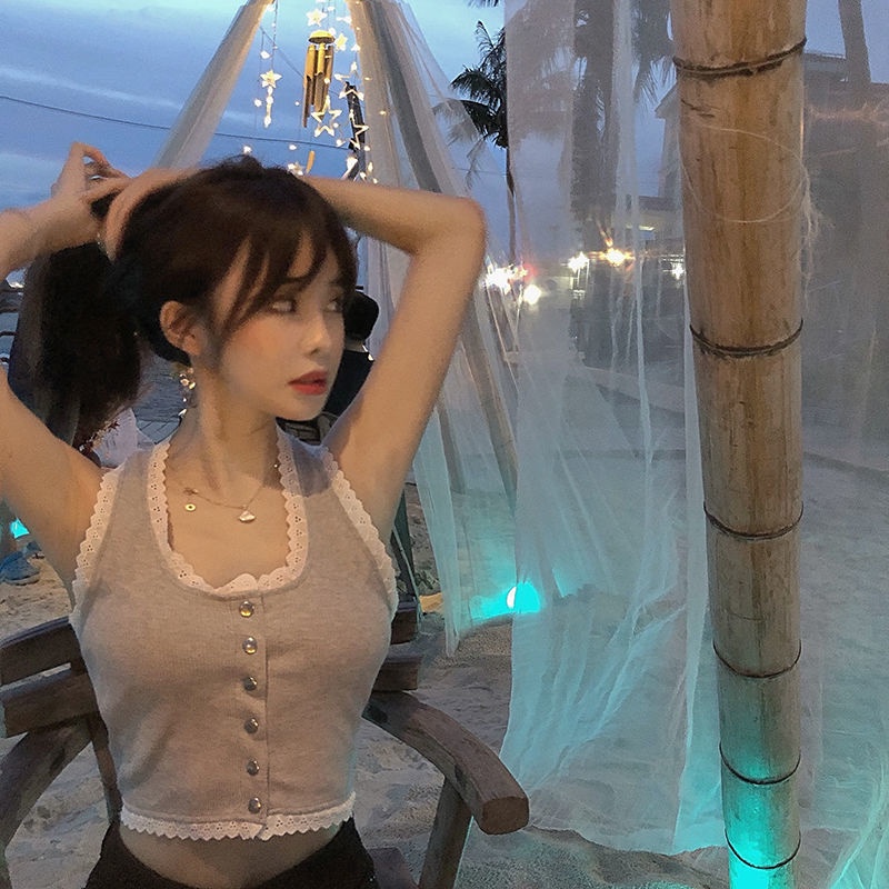 Áo Lót Dệt Kim Hai Dây Phối Ren Màu Đen Thời Trang Mùa Hè Cho Nữ | BigBuy360 - bigbuy360.vn