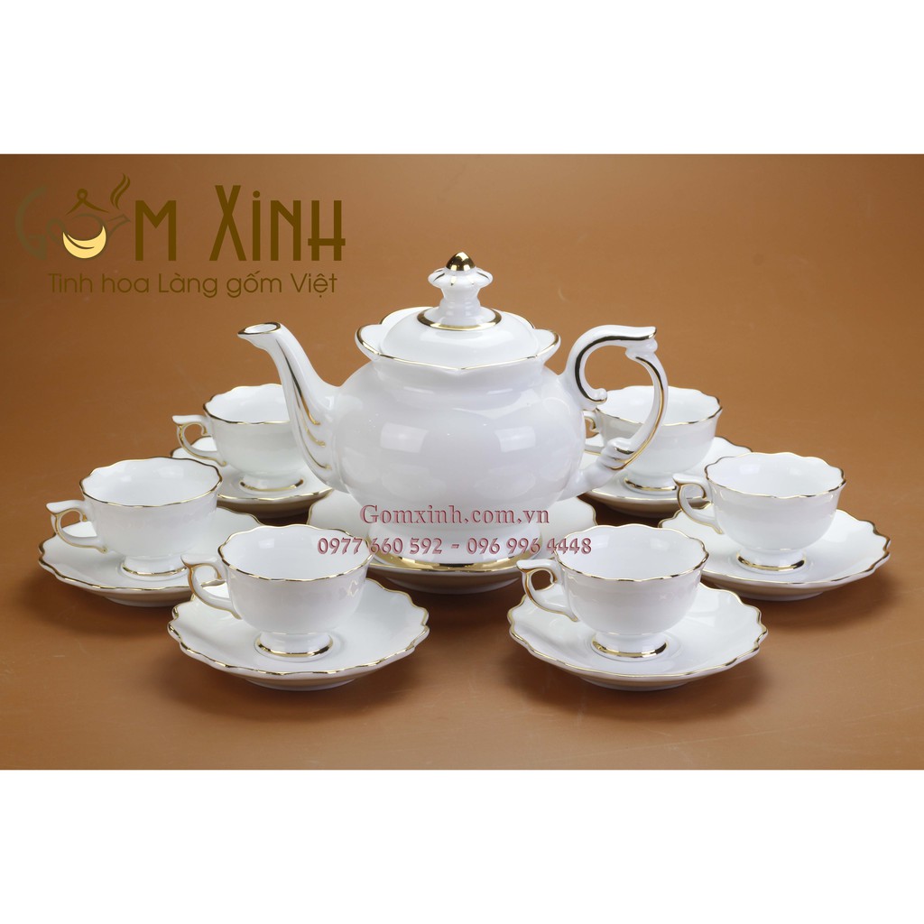 Bộ ấm chén Bát Tràng_Bộ trà Phú Quý vàng kim miệng lượn