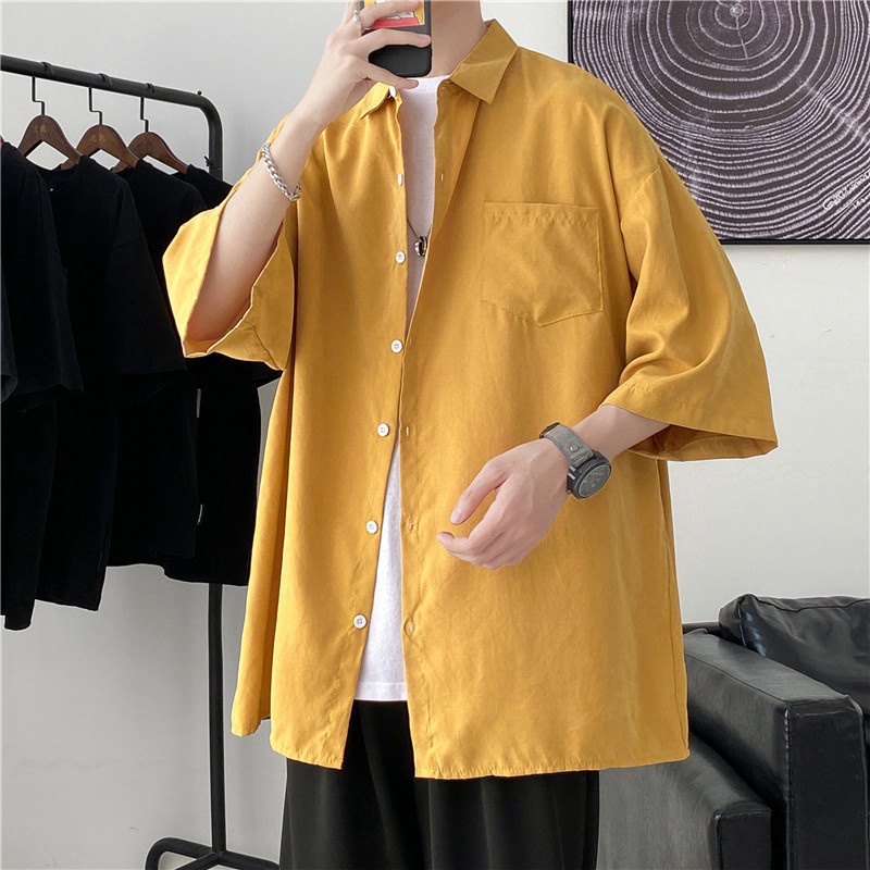 Áo Sơ Mi Tay Ngắn Dáng Rộng Màu Sắc Đơn Giản Phong Cách Hàn Quốc Thời Trang Mùa Hè Cho Nam