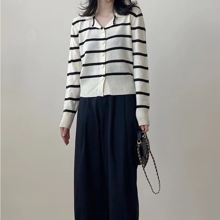 【ZHELIHANGFEI】Áo Cardigan Dệt Kim Dáng Rộng Họa Tiết Kẻ Sọc Dễ Phối Đồ