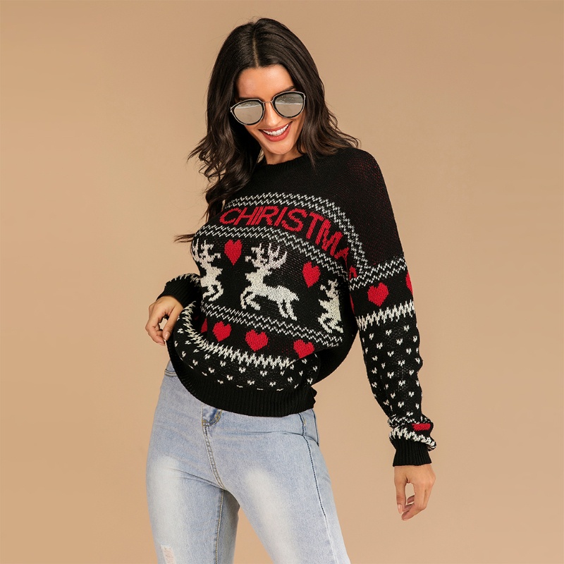 Áo Sweater Dệt Kim Tay Dài In Hình Tuần Lộc Giáng Sinh Dễ Thương Cho Nữ