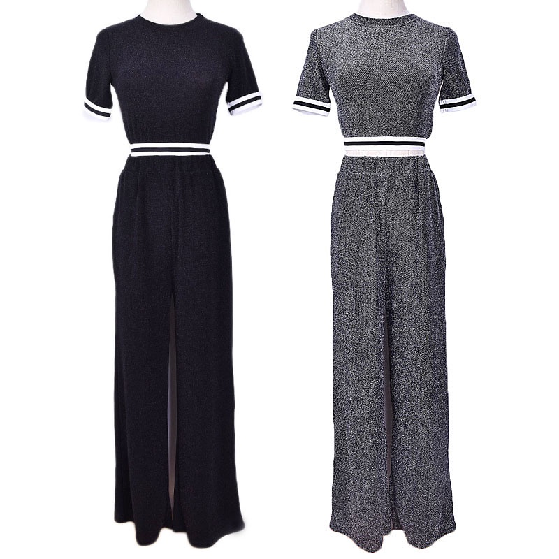 Set áo croptop tay ngắn và quần ống rộng kim sa màu đen &amp; xám H67 Hỉn Hỉn Store
