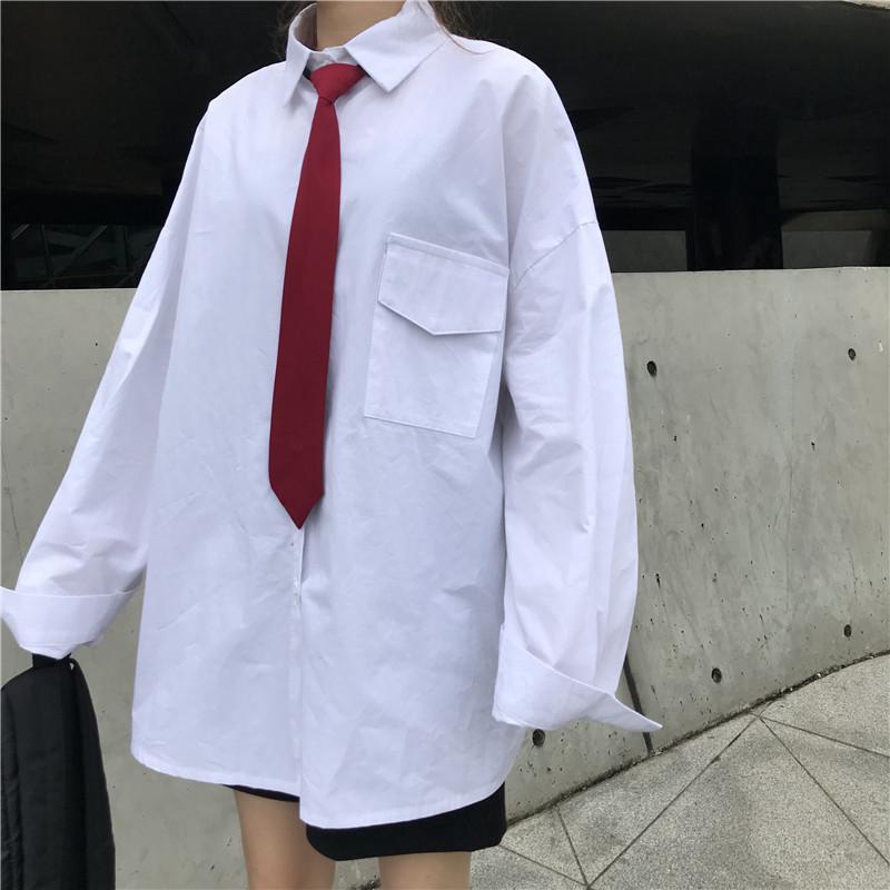 Áo sơ mi tay dài form rộng phối túi + cà vạt thời trang cho nữ