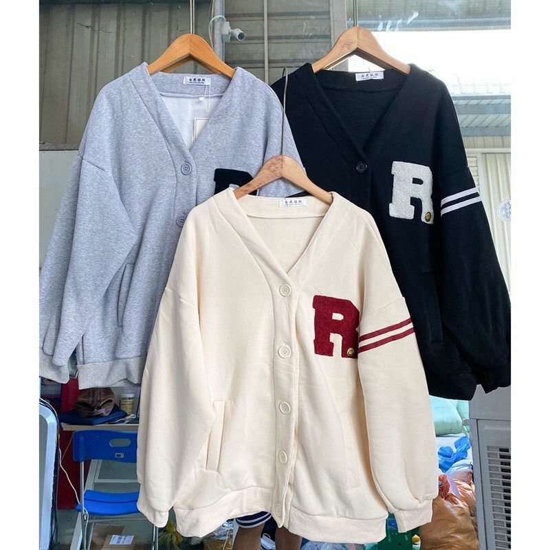Áo Khoác Cardigan Bomber Nỉ Bông IN LOGO R Sọc Viển Tay Form Rộng Basic Nam Nữ Unisex Ulzzang NUPAKACHI