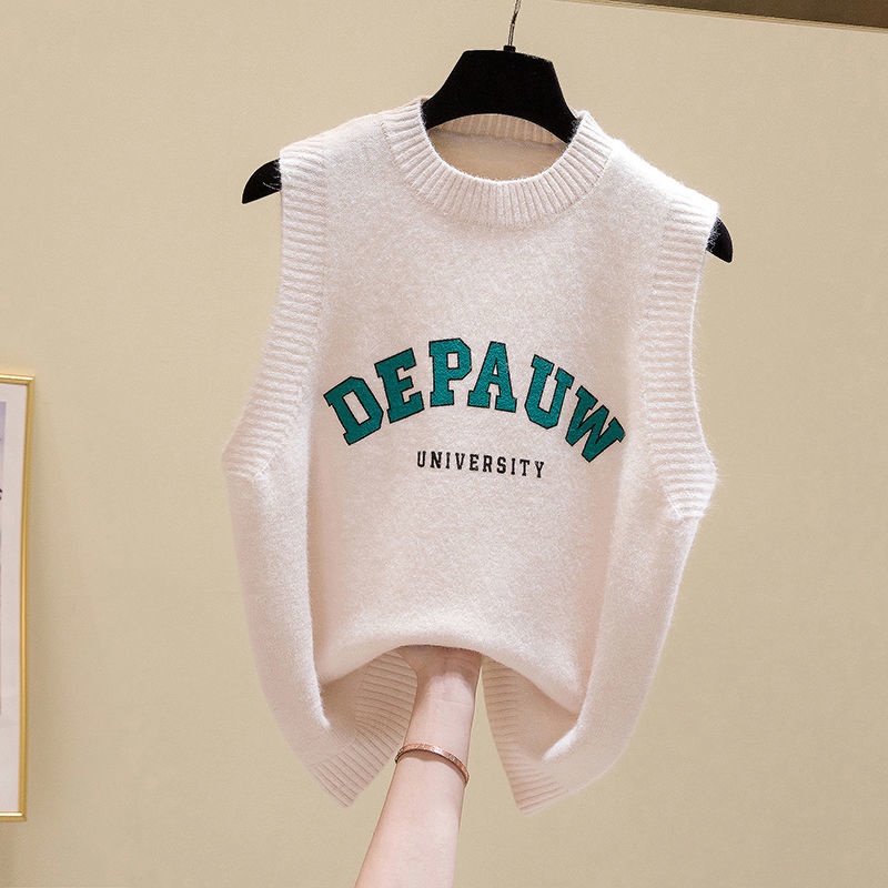 Áo len cổ tròn không tay in chữ thời trang thu đông cho n