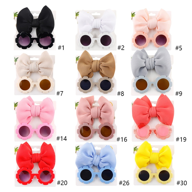 Set Kính Mát + Băng Đô Nơ Họa Tiết Hoạt Hình Màu Trơn Dành Cho Bé Gái
