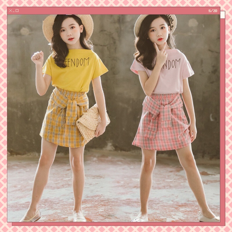 Set Đồ 2 Món Gồm Áo Thun Tay Ngắn + Váy Ngắn Thời Trang Mùa Hè Dành Cho Bé Gái 3-12 Tuổi