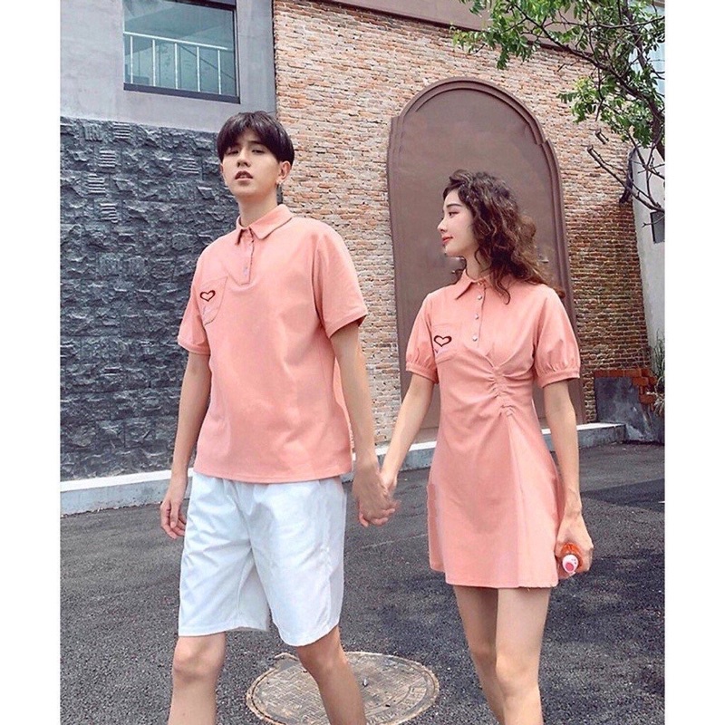 Set đồ đôi polo hồng dễ thương hoạ tiết trái tim rút xinh xắn Forever Couple Store (giá gồm áo váy, có ảnh thật)