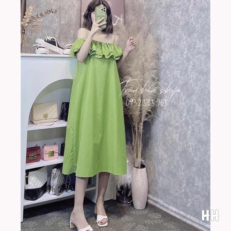Váy maxi trễ vai 2 dây cánh tiên ngang vai chun bèo dáng dài babydoll suông thụng xoè bệt vai