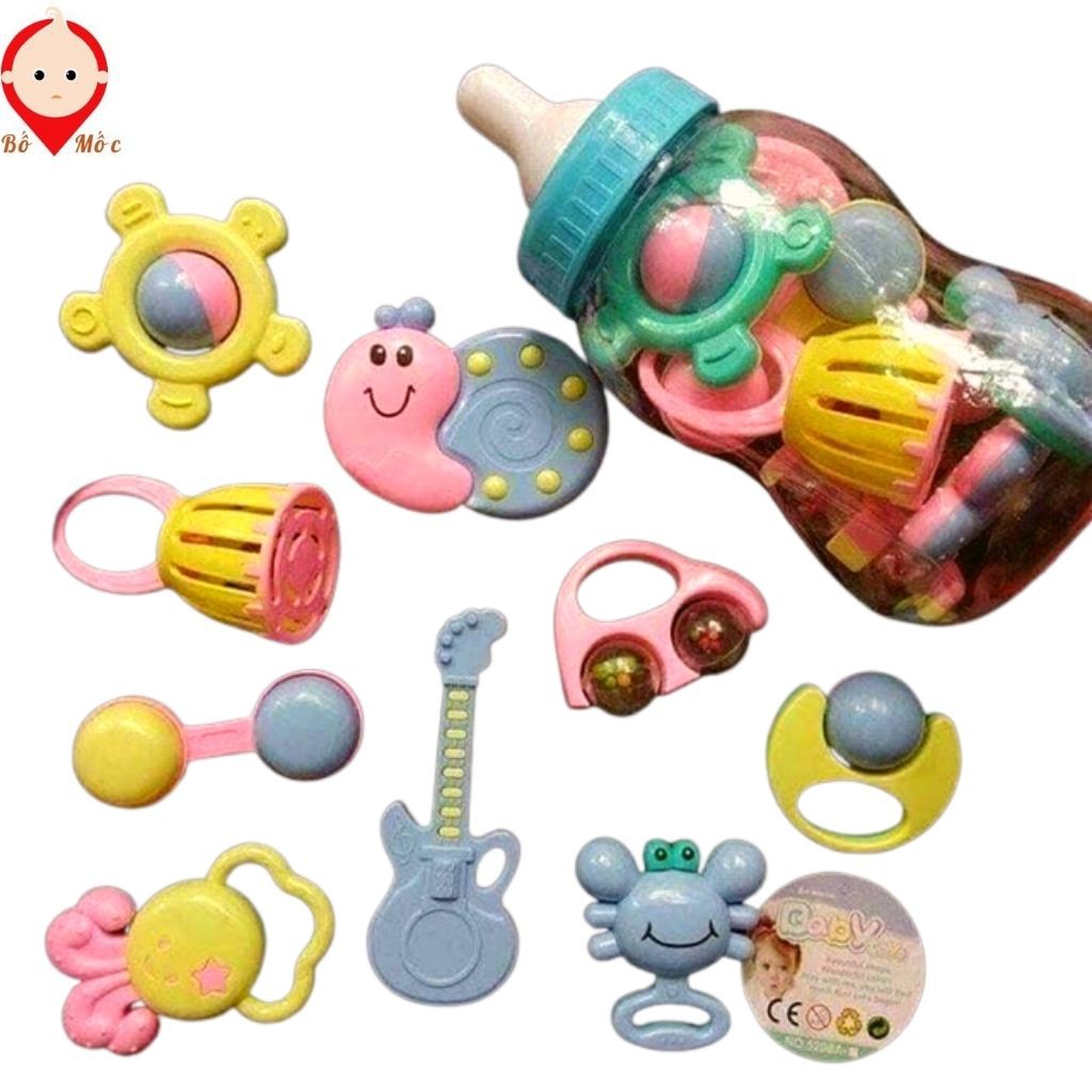 Đồ Chơi Xúc Xắc Lục Lạc - Bình Sữa Baby Toys 9 Món Cao Cấp Cho Bé Yêu - Shop Bố Mốc