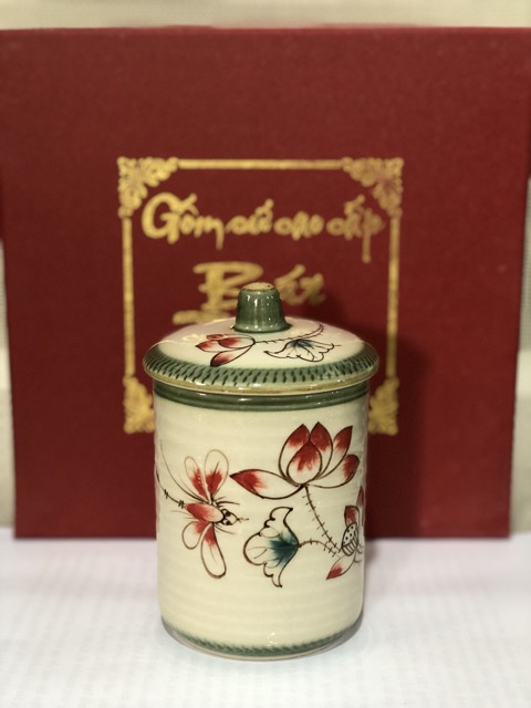 Cốc quai C dáng trụ men xanh gốm Bát Tràng