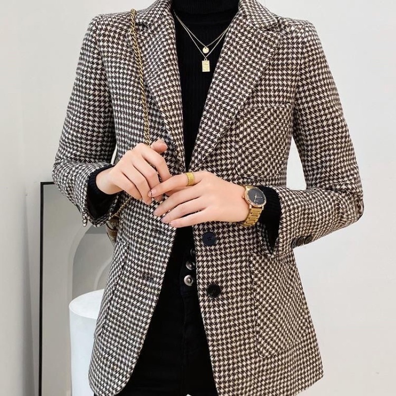 Áo Khoác Blazer Nữ Dạ Kẻ Hai Lớp Phong Cách Hàn Quốc Mẫu Mới Mã RB040