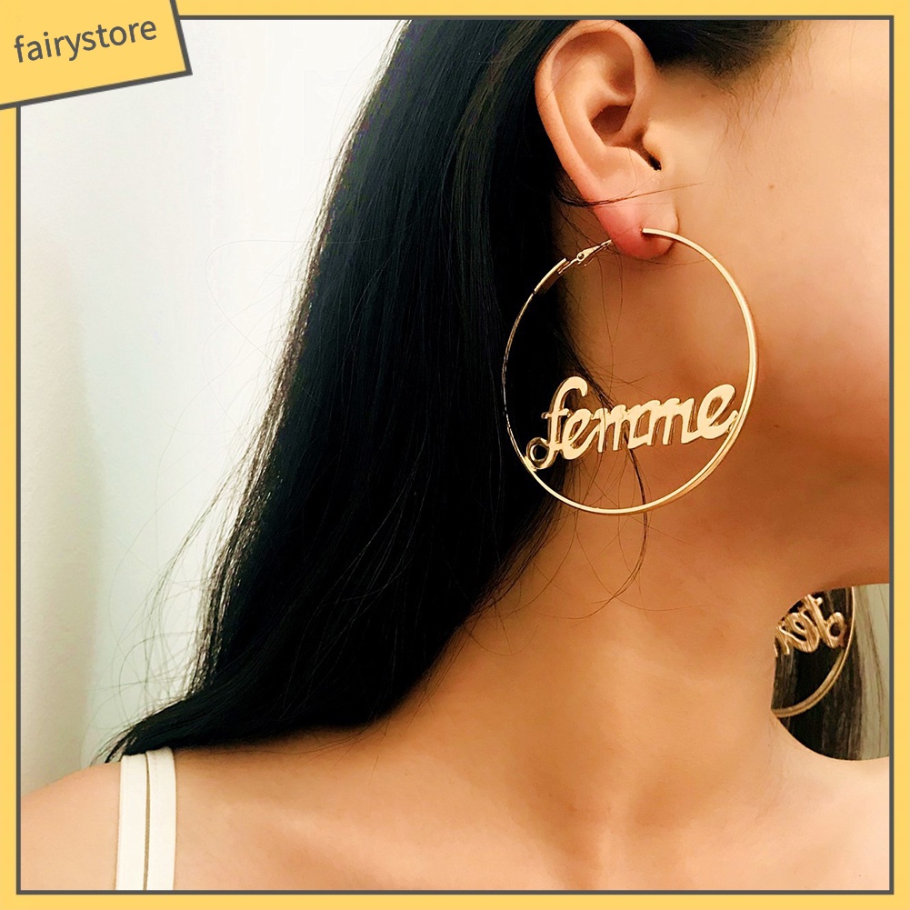 Khuyên tai hình tròn có chữ thời trang cá tính dành cho nữ