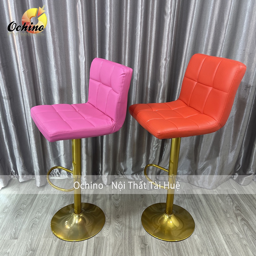 Ghế Quầy Lễ Tân, Ghế Quầy Bar Mẫu Tựa Chữ Nhật Chân Vàng K1 Điều Chỉnh Độ Cao 60/80 Và Xoay 360 Độ Phong Cách Hiệ