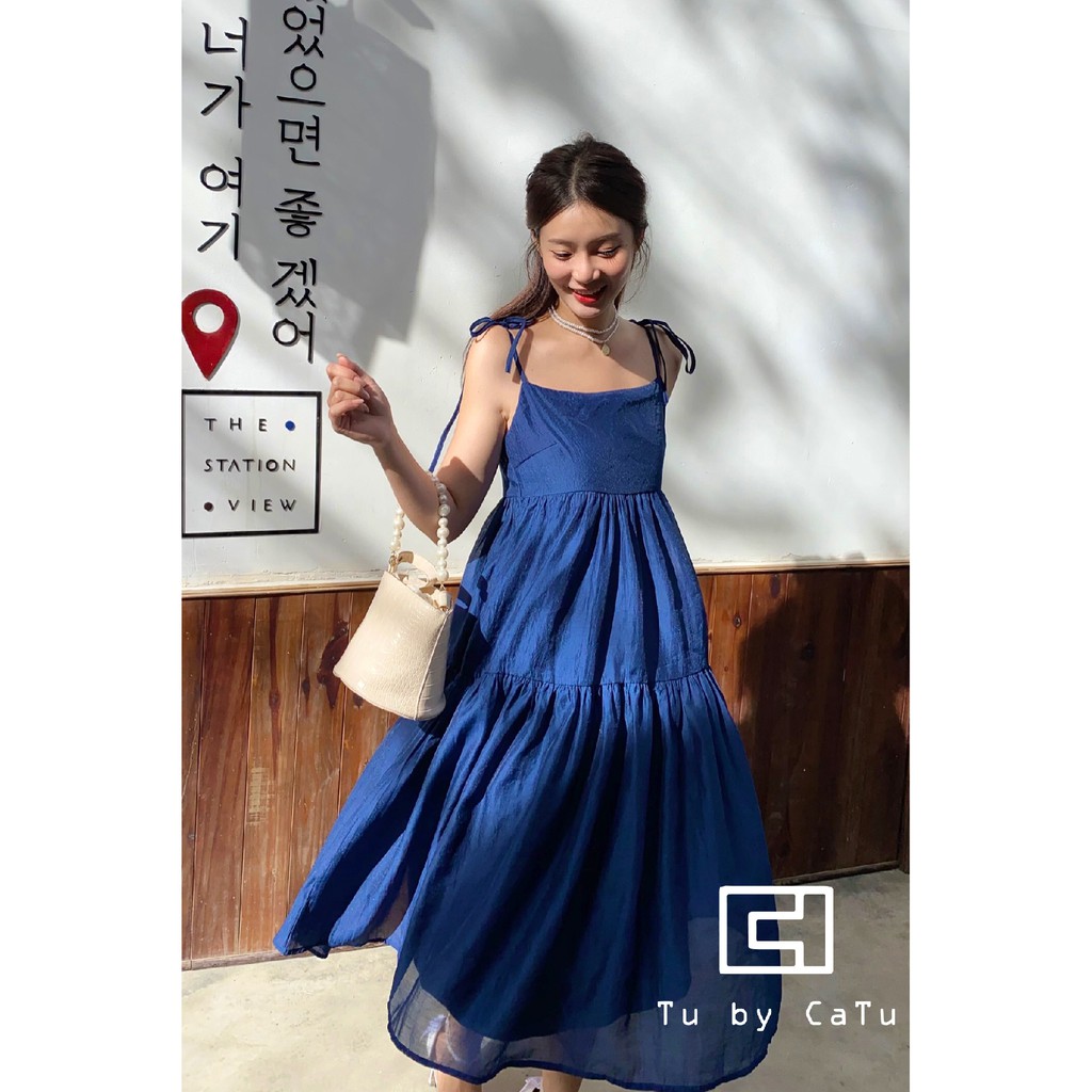 TUBYCATU | Đầm hai dây organza xanh đen hai tầng