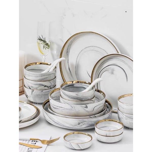 Bộ bát đĩa sứ vân đá ghi xám khói viền mạ vàng, bộ chén đĩa vân đá hồng, bộ chén đĩa 6 người ăn Bếp Ấm