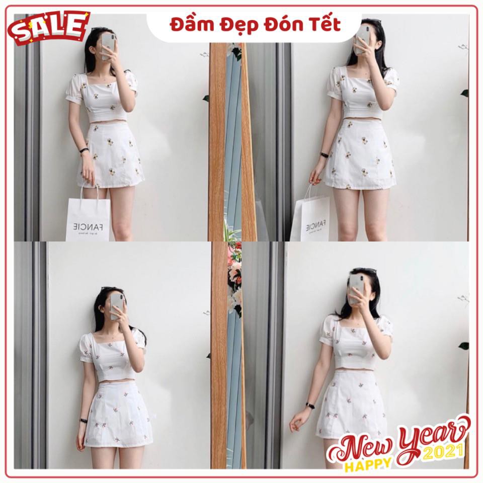 Sét Chân váy kém áo croptop tay phồng hoạ tiết hoa nhí | BigBuy360 - bigbuy360.vn