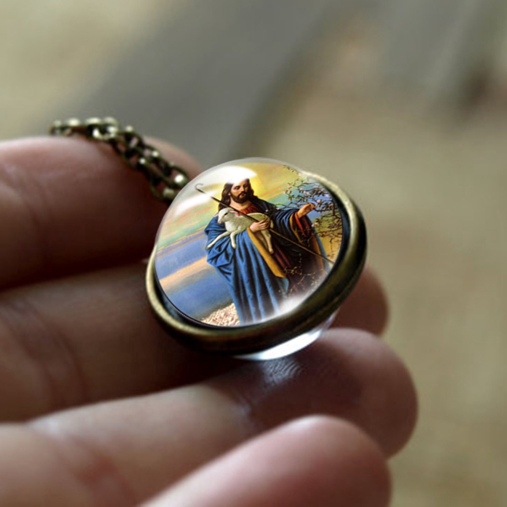 Vòng cổ Mặt Kính Cabochon Hai Mặt Hình Đức Mẹ Jesus Christ