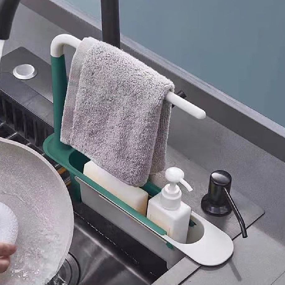 Kệ Gác Bồn Rửa Bát, Giá Đỡ Miếng Rửa Chén Có Thể Kéo Dài Đa Năng Có Móc Treo Khăn