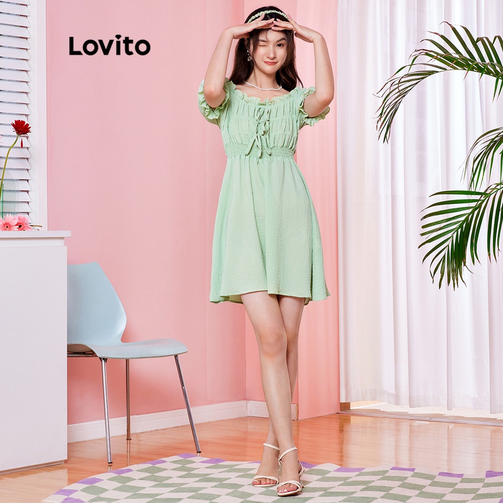 váy Lovito DOPAMINE GIRLS Tay áo trơn có ren lên Shirred Bình thường L28AE013 (Xanh lục nhạt)