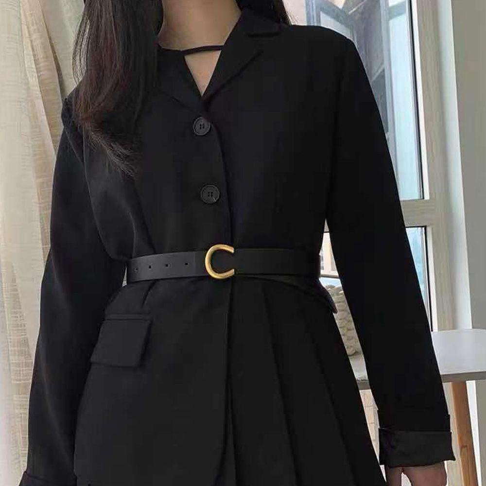 Thắt Lưng Bản Rộng Màu Trơn Khóa Kim Loại Hình Chữ C Đơn Giản Thời Trang Cho Nữ