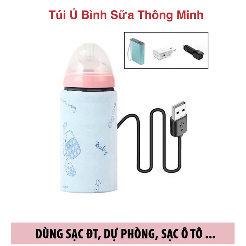 Túi Ủ Bình Sữa Thông Minh(Có Sạc USB), Túi Ủ Ấm Giữ Ấm Sữa Di Động 2 Màu Xanh/Hồng