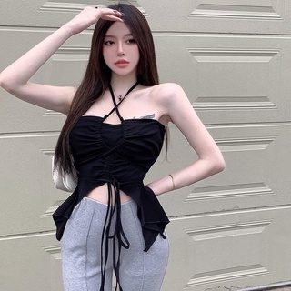 [ A-180] Áo ống dây tà dài phối kiểu form croptop ôm body dây cổ yếm chất vải thun gân len 4 chiều Free SIze dưới 53kg