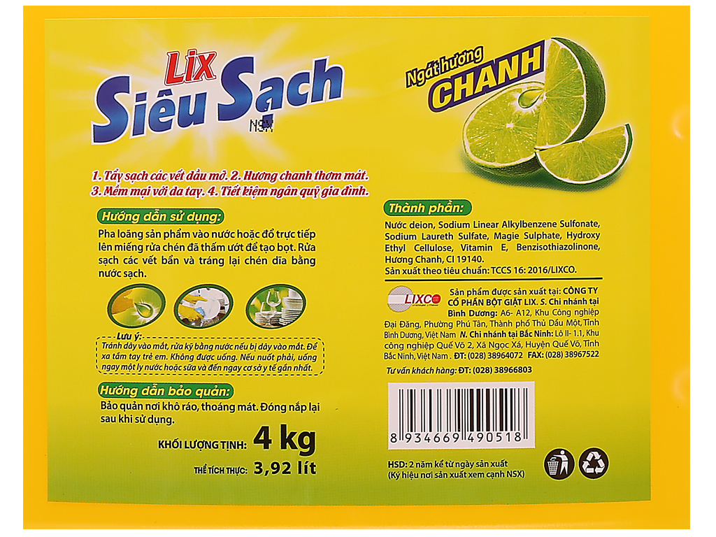 nước rửa chén Lix siêu sạch hương chanh can 3.53 lít