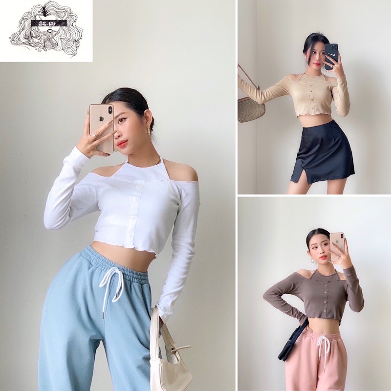 ÁO crop lai xoắn giả set cổ cột yếm - 22.Lystore