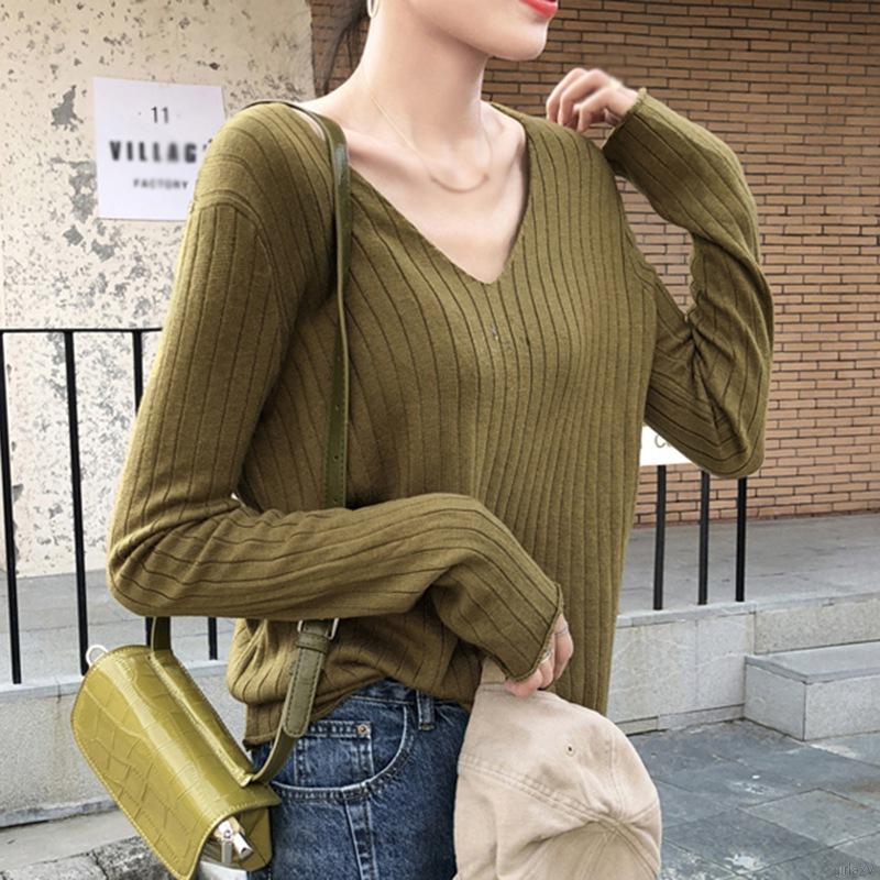 Áo Len Tay Dài Cổ Chữ V Form Rộng Màu Trơn Phong Cách Hàn Quốc Dành Cho Nữ