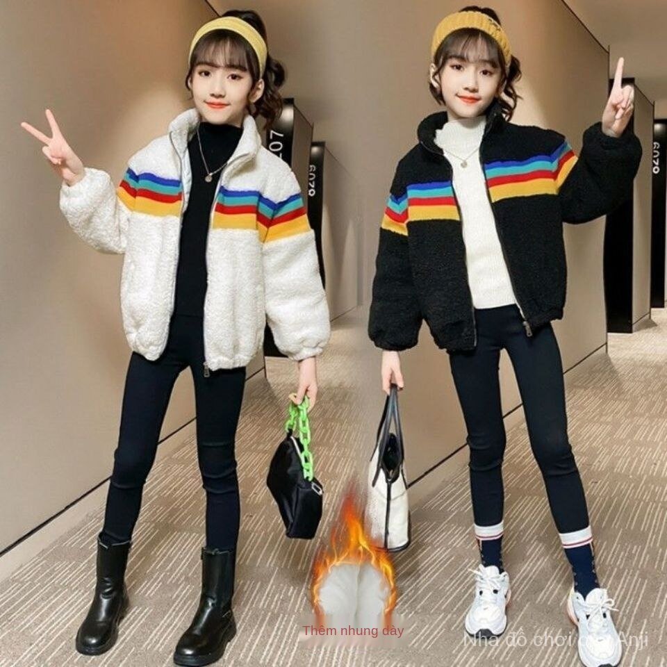 Winter children's woolen silk velvet jacket thick rainbow stripes