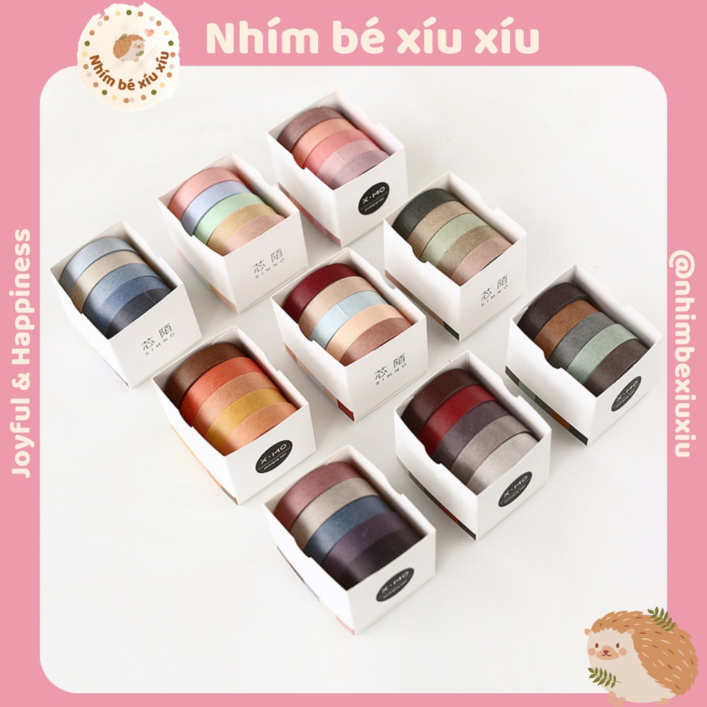 Hộp 5 cuộn washi tape tone màu trầm vintage băng dính trang trí sổ tay bullet journal take note