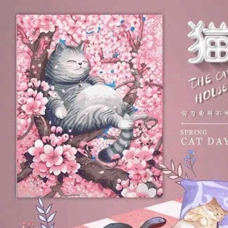 Combo 1 tranh số hoá Mèo bụng bự bên hoa anh đào + 1 bộ 10 cọ ( 2,5x40x50) tranh số hoá tự tô màu đã đc mã hoá số